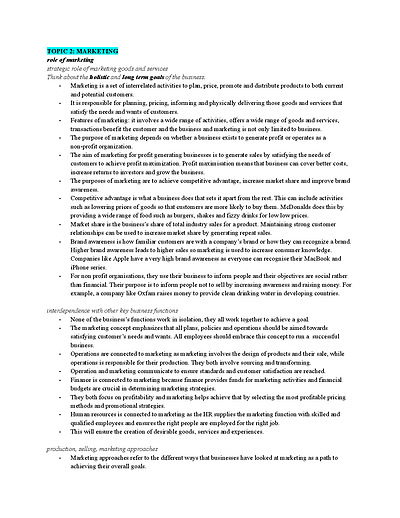 Cover page of Business Studies - Marketing notes - Band 6