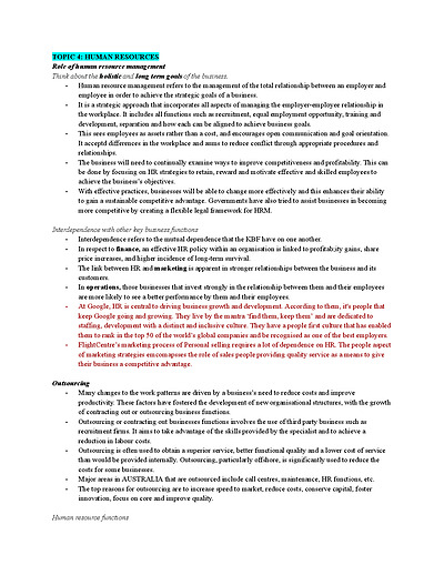 Cover page of Business Studies - Human Resources notes - Band 6