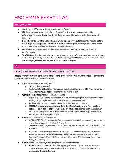 Cover page of EMMA ESSAY PLAN
