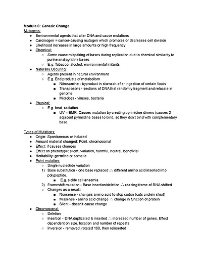 Cover page of Biology Module 6: Genetic Change Summary