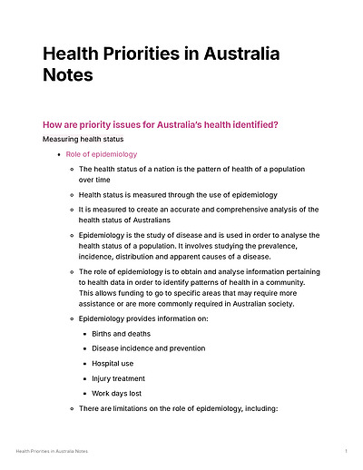Cover page of PDHPE Health Priorities in Australia Full Notes