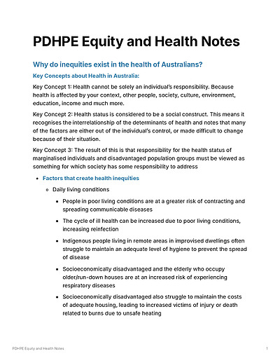 Cover page of PDHPE Option: Equity and Health Full Notes