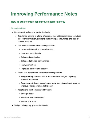 Cover page of PDHPE Option: Improving Performance Full Notes