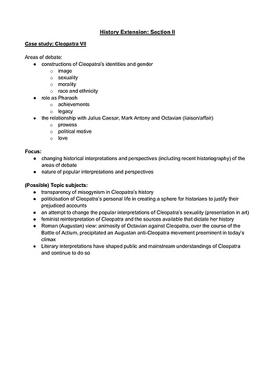 Cover page of History Extension Section II - CASE STUDY: Cleopatra notes