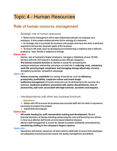 Cover page of Business Studies - Human Resources Case Study Notes/Topic Summary Detailed (QANTAS)