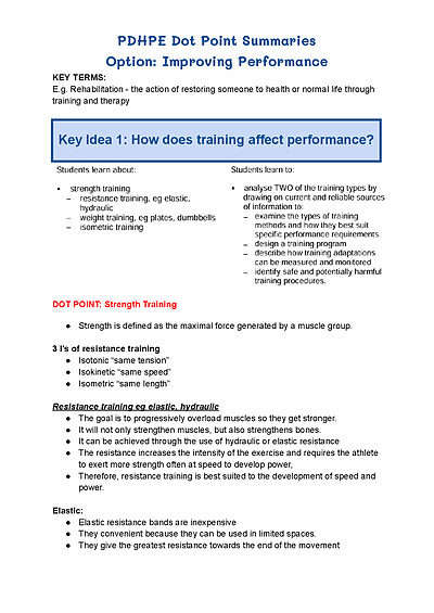 Cover page of Band 6 PDHPE Syllabus Notes on Improving Performance 