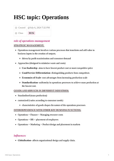 Cover page of Business HSC Topic: Operations Study Notes