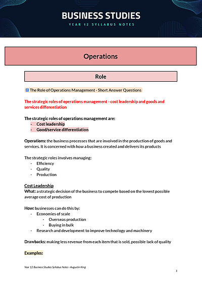 Cover page of 2024 HSC Band 6 Business Studies Syllabus Notes