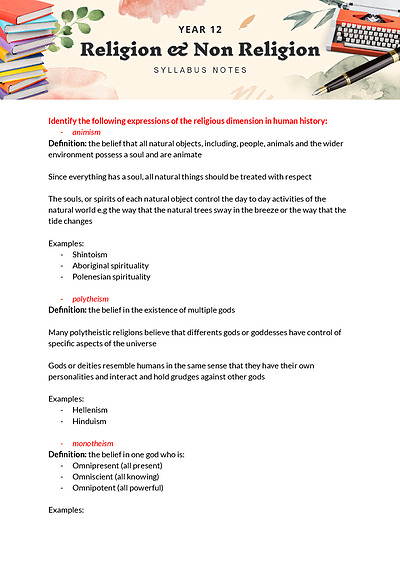 Cover page of Band 6 SORII Religion and Non Religion Syllabus Notes
