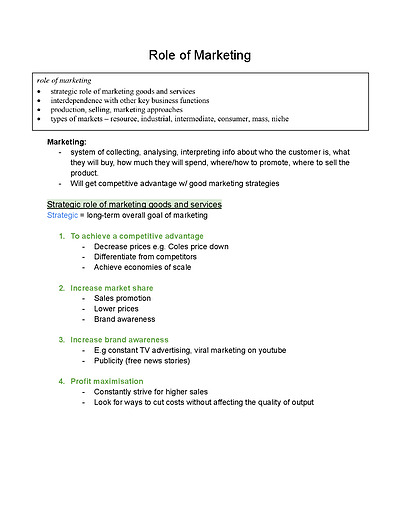 Cover page of MARKETING Band 6 Business Studies Detailed Notes HSC