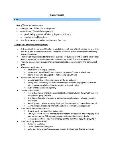 Cover page of BAND 6 BUSINESS HSC FINANCE NOTES