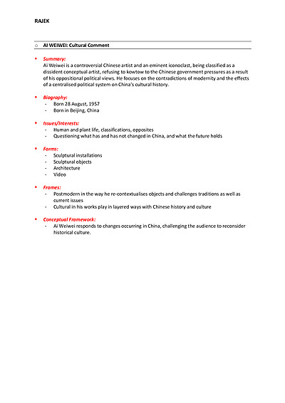 Cover page of Band 6 artist summaries- Ai Weiwei, Cindy Sherman, Fiona Hall, Damien Hirst, Stelarc