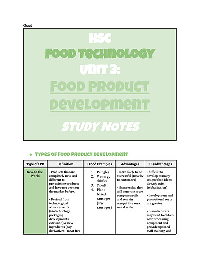 Cover page of BAND 6 HSC FOOD TECHNOLOGY - Food Product Development Study Notes