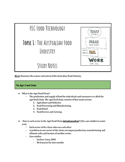 Cover page of BAND 6 HSC FOOD TECHNOLOGY - Australian Food Industry Study Notes