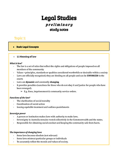 Cover page of LEGAL STUDIES - Preliminary Study Notes - ALL TOPICS