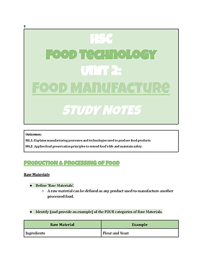 Cover page of BAND 6 HSC FOOD TECHNOLOGY - Food Manufacture Study Notes
