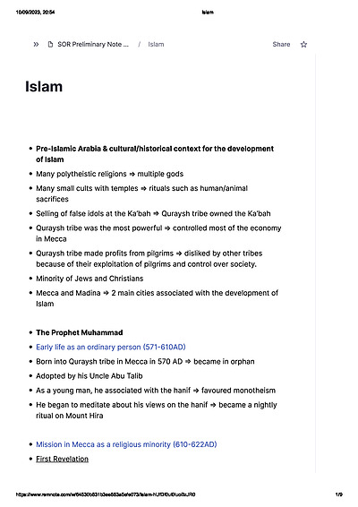 Cover page of Islam - Preliminary SOR II Summary Notes