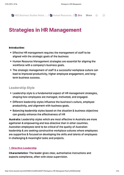 Cover page of Strategies in Human Resource Management - BAND 6 HSC NOTES