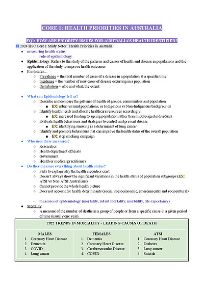 Cover page of BAND 6 PDHPE CORE 2 HEALTH PRIORITIES IN AUSTRALIA NOTES