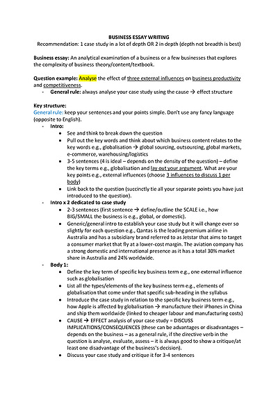 Cover page of Business essay structure/example