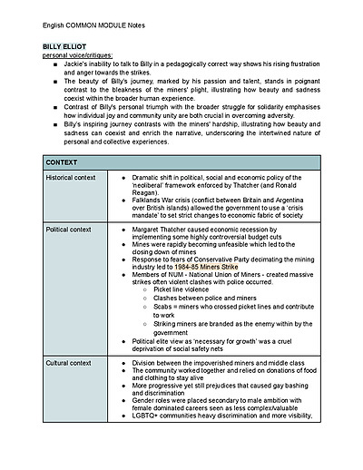 Cover page of English Standard: Billy Elliot Notes + Short Answer Tips & Tricks