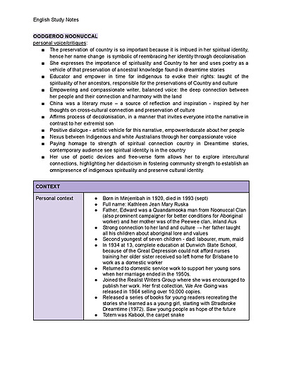 Cover page of English Standard Oodgeroo Noonuccal Notes: TEA, context, critical articles