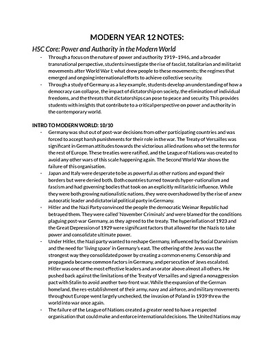 Cover page of Modern History Year 12 Summary Notes (by the syllabus)