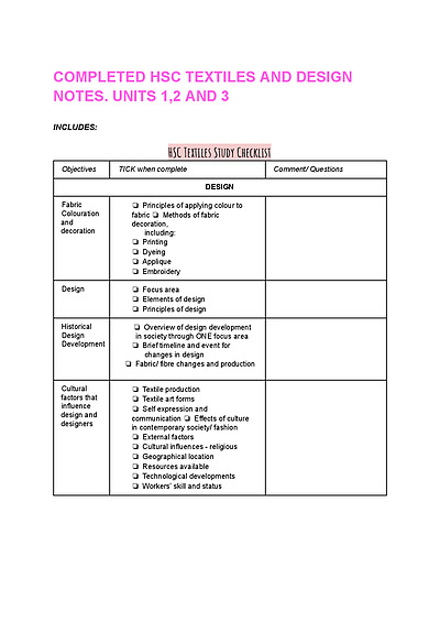 Cover page of Band 6 Completed Textiles and Design notes (Features all units required for the HSC)