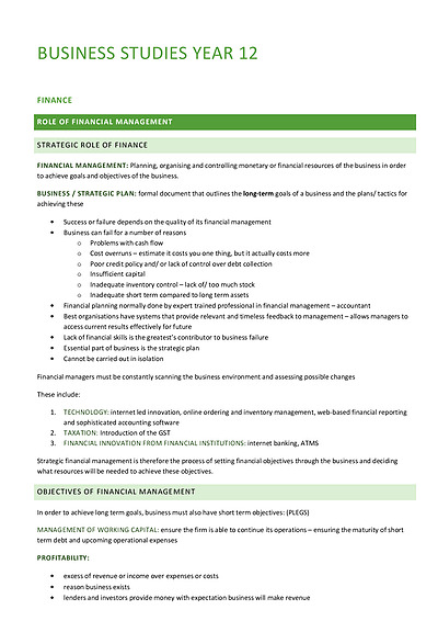 Cover page of HSC Band 6 (93) Finance Business Studies Notes 