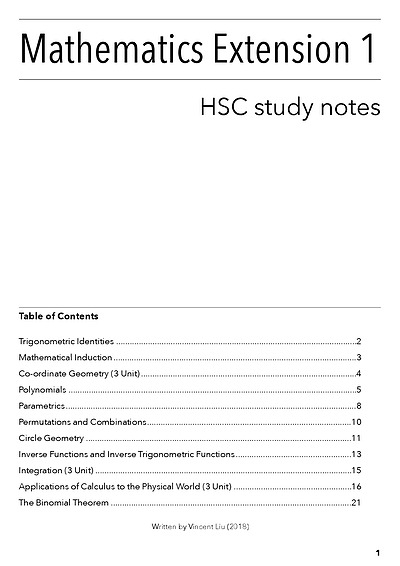 Cover page of Mathematics Extension 1 Notes 