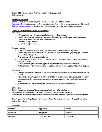 Cover page of Argument analysis notes, 46 ss, 97.7 ATAR