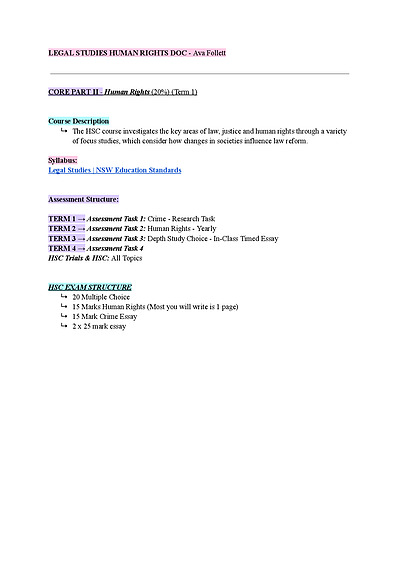 Cover page of Legal Studies Year 12 Human Rights Unit Notes - BAND 6 NOTES