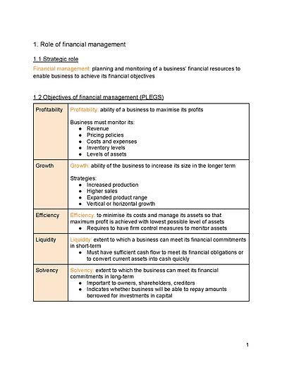 Cover page of HSC Business Studies Finance Notes