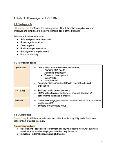 Cover page of HSC Business Studies Human Resources (HR) Notes