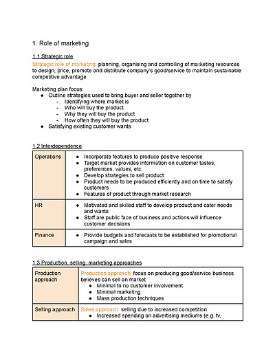 Cover page of HSC Business Studies Marketing Notes