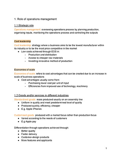 Cover page of HSC Business Studies Operations Notes