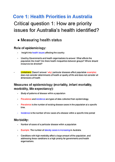 Cover page of HSC PDHPE Core 1: Health Priorities in Australia – Syllabus notes