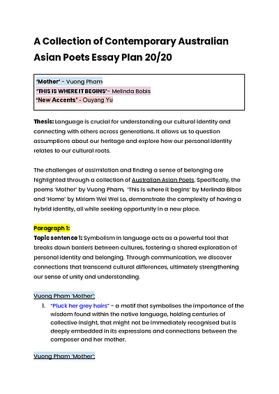 Cover page of A Collection of Contemporary Australian Asian Poets: Essay Plan (20/20)