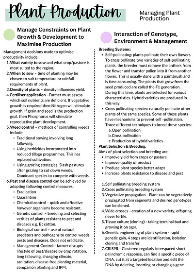 Cover page of HSC Agriculture - Plant Production - Summary Notes