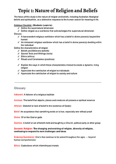 Cover page of Topic 1 - Nature of Religion and Belief - Studies of Religion - Year 11