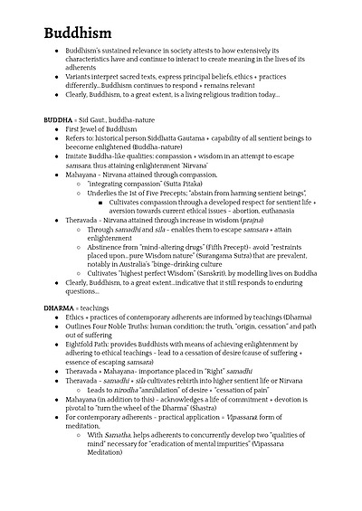 Cover page of Buddhism Depth Study Summary Notes - Studies of Religion - Year 11 