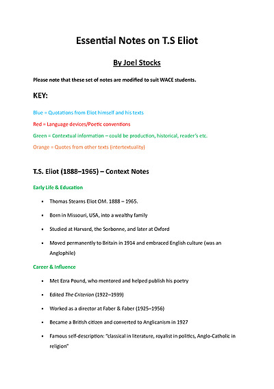 Cover page of T.S. Eliot Study Notes – "Prufrock" & "Rhapsody on a Windy Night" (Quotes, Context & Themes) (ATAR 97.65)