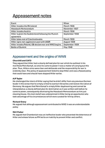 Cover page of History Extension Appeasement Case Study Notes  