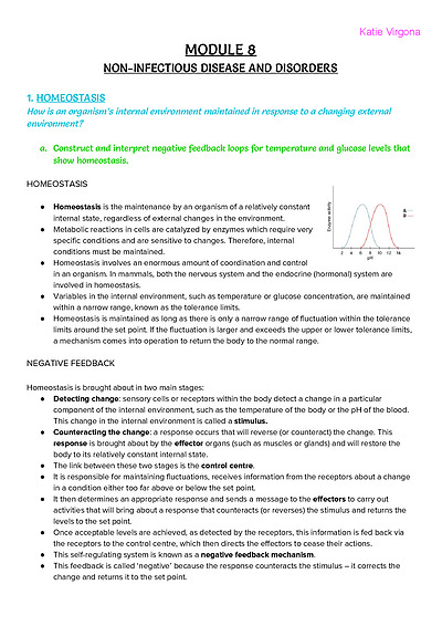 Cover page of (Module 8) HSC Biology Notes - Non Infectious Disease and Disorders