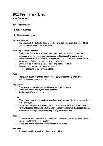 Cover page of Business Studies Preliminary Course Notes
