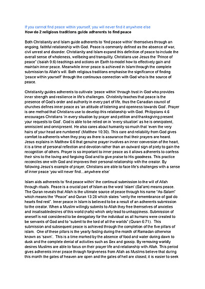 Cover page of SOR religion and peace essay