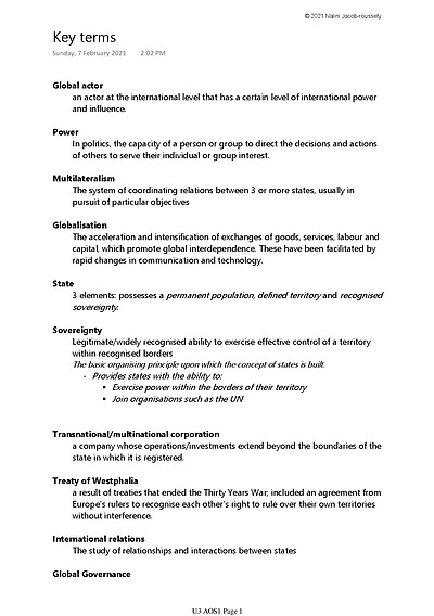 Cover page of Raw 45 VCE 3/4 Global Politics Notes & Case Studies U3