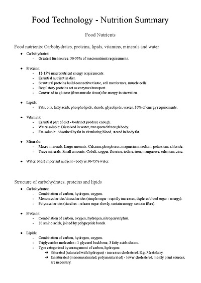 Cover page of Food Technology Notes