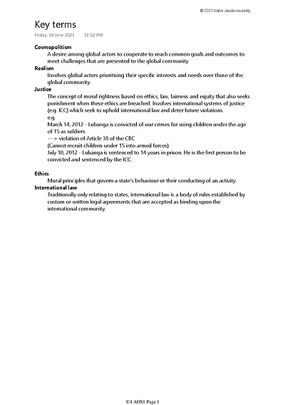 Cover page of Raw 45 VCE 3/4 Global Politics Notes & Case Studies U4