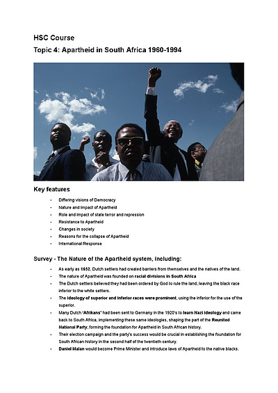 Cover page of Band 6 Internals Apartheid in South Africa Notes 
